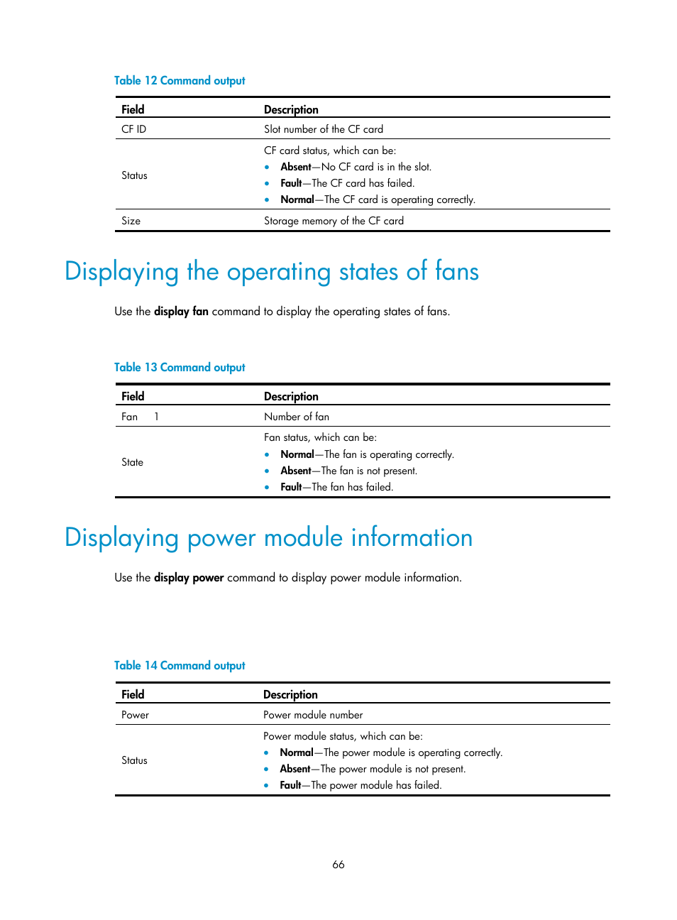 Displaying the operating states of fans, Displaying power module information | H3C Technologies H3C SecPath F5000-A5 Firewall User Manual | Page 76 / 121