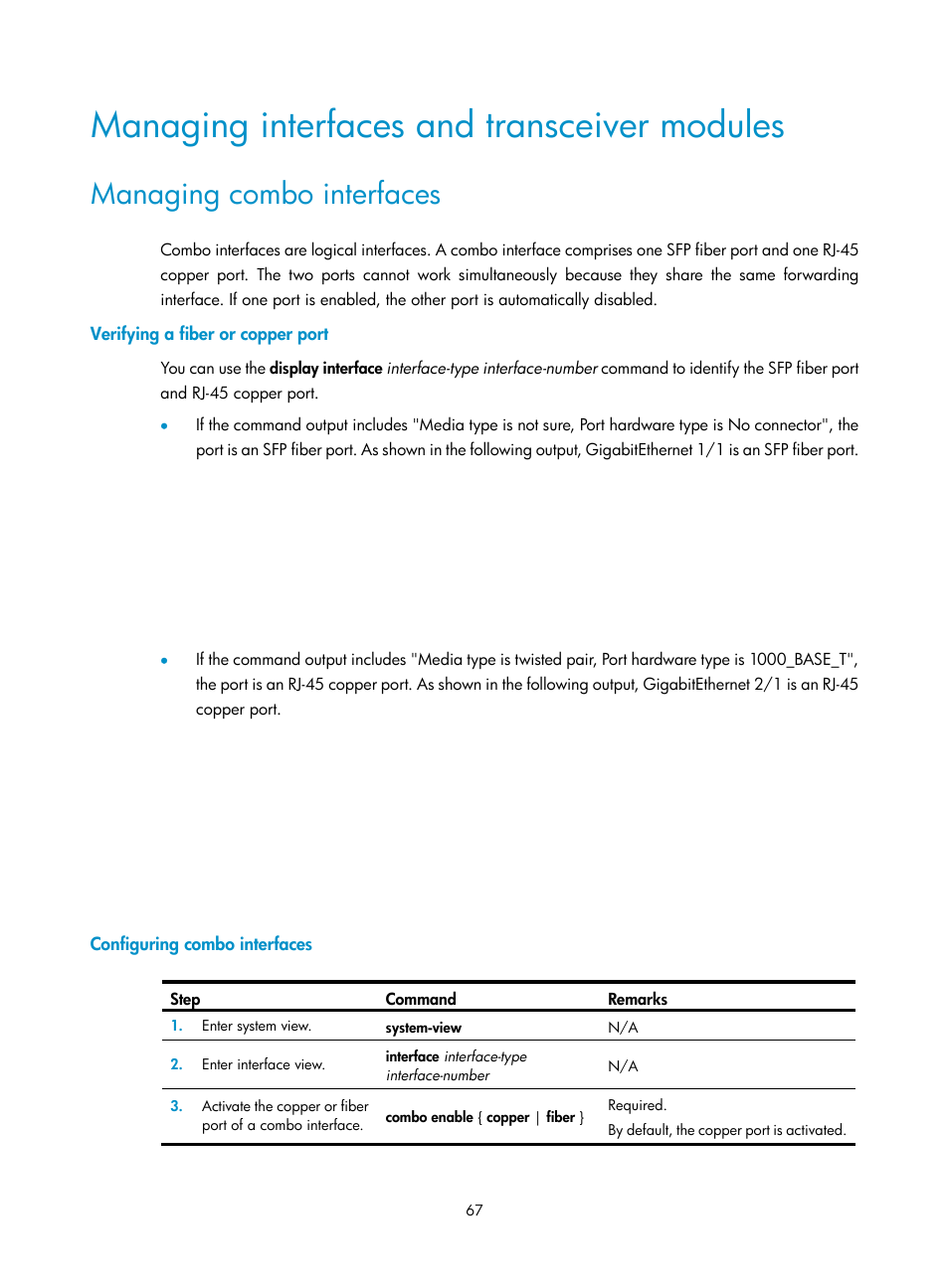 Managing interfaces and transceiver modules, Managing combo interfaces, Verifying a fiber or copper port | Configuring combo interfaces | H3C Technologies H3C SecPath F5000-A5 Firewall User Manual | Page 77 / 121