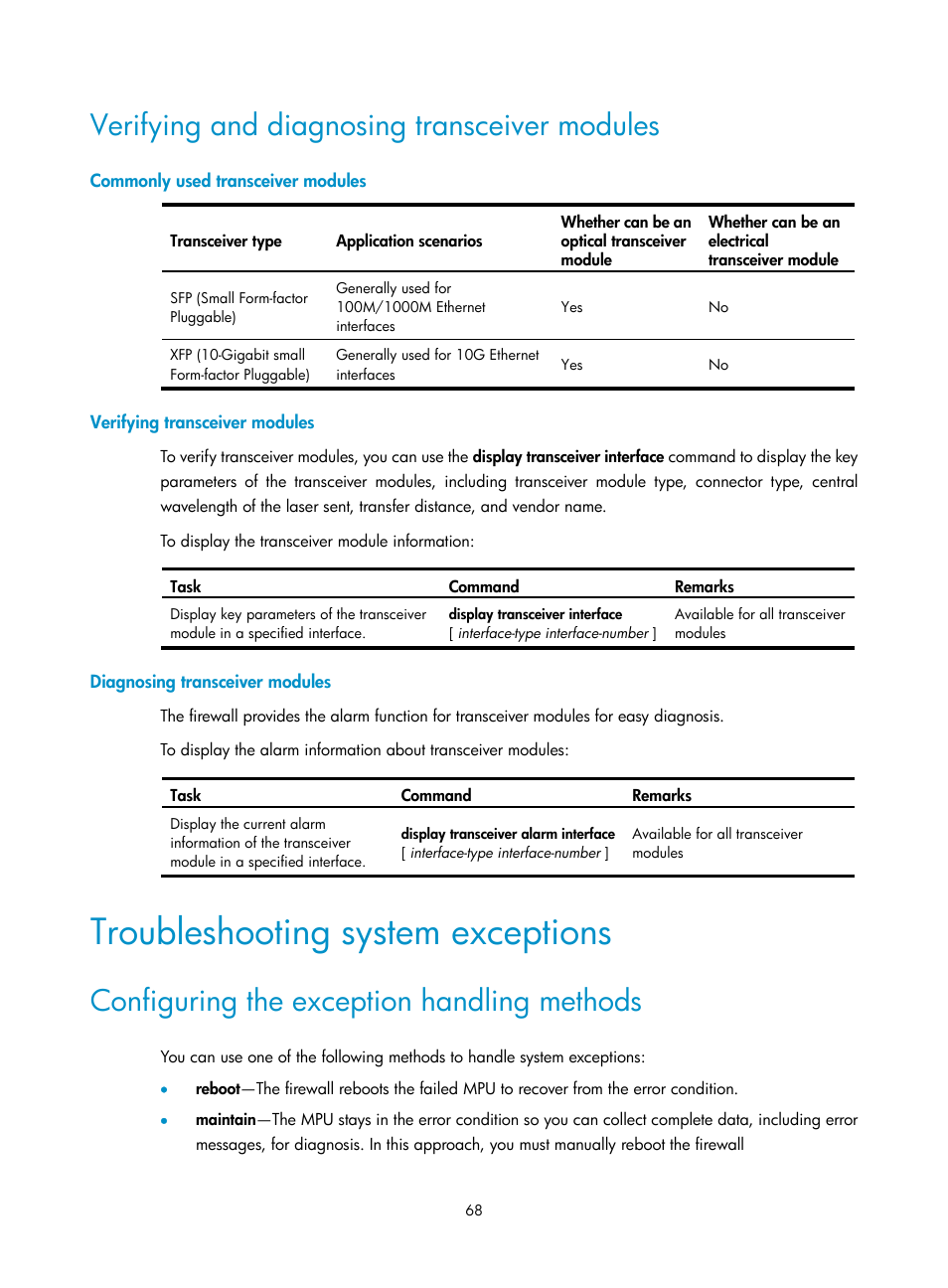 Verifying and diagnosing transceiver modules, Commonly used transceiver modules, Verifying transceiver modules | Diagnosing transceiver modules, Troubleshooting system exceptions, Configuring the exception handling methods | H3C Technologies H3C SecPath F5000-A5 Firewall User Manual | Page 78 / 121