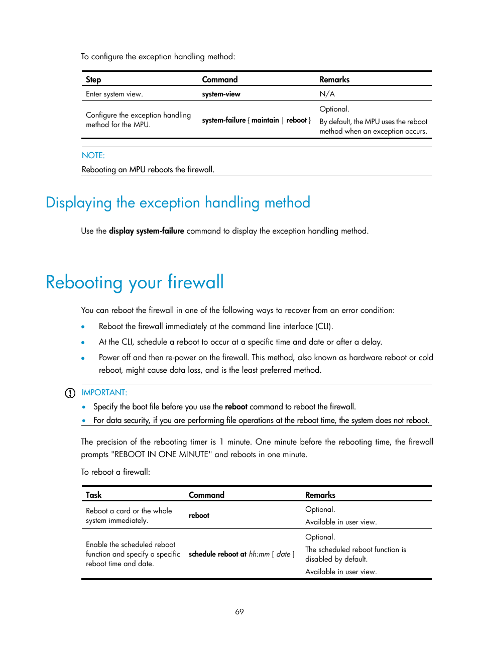 Displaying the exception handling method, Rebooting your firewall | H3C Technologies H3C SecPath F5000-A5 Firewall User Manual | Page 79 / 121