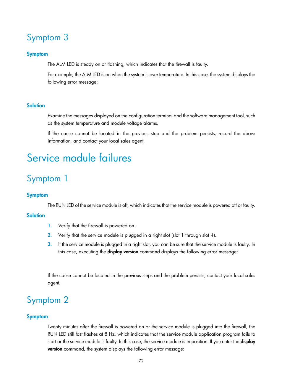 Symptom 3, Symptom, Solution | Service module failures, Symptom 1, Symptom 2 | H3C Technologies H3C SecPath F5000-A5 Firewall User Manual | Page 82 / 121