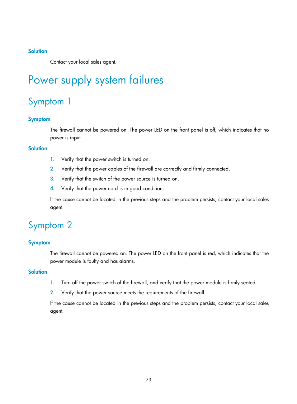 Solution, Power supply system failures, Symptom 1 | Symptom, Symptom 2 | H3C Technologies H3C SecPath F5000-A5 Firewall User Manual | Page 83 / 121