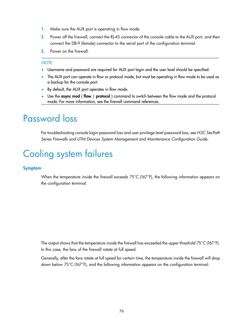 Password loss, Cooling system failures, Symptom | H3C Technologies H3C SecPath F5000-A5 Firewall User Manual | Page 86 / 121