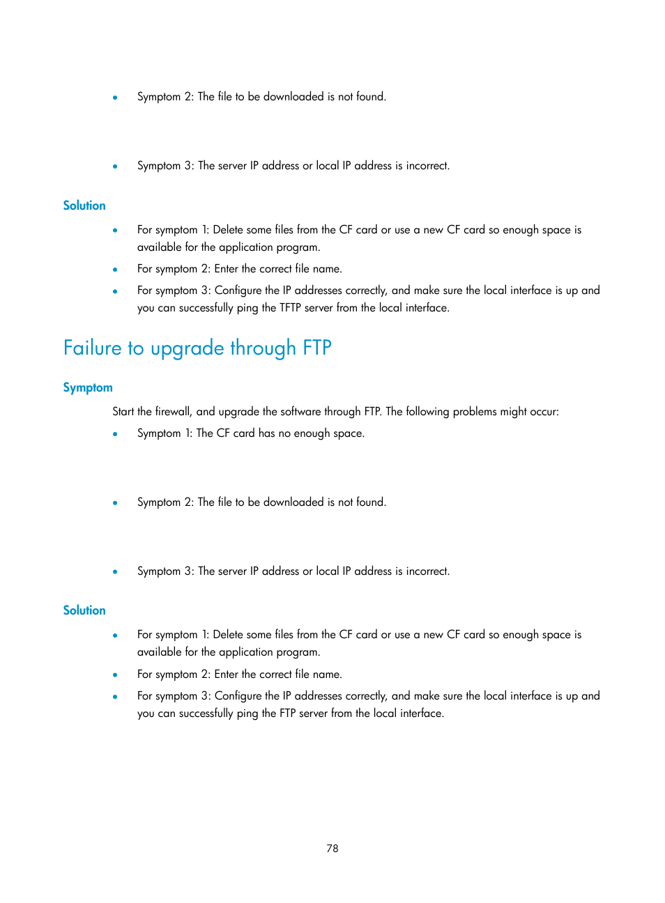 Solution, Failure to upgrade through ftp, Symptom | H3C Technologies H3C SecPath F5000-A5 Firewall User Manual | Page 88 / 121