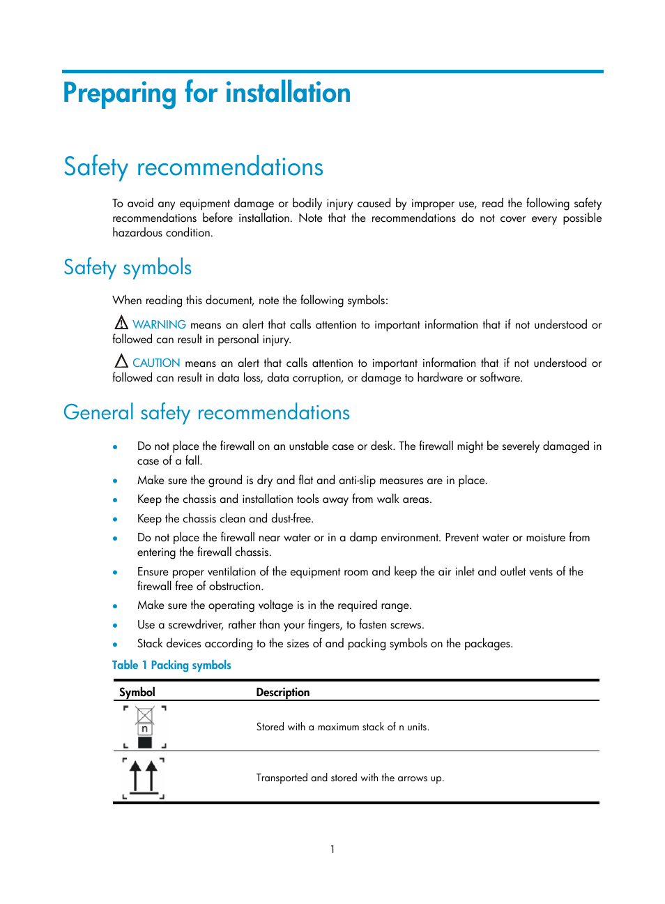 Preparing for installation, Safety recommendations, Safety symbols | General safety recommendations | H3C Technologies H3C SecPath F5000-S Firewall User Manual | Page 10 / 86