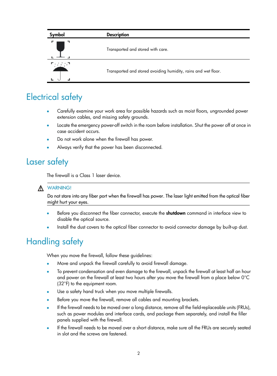 Electrical safety, Laser safety, Handling safety | H3C Technologies H3C SecPath F5000-S Firewall User Manual | Page 11 / 86