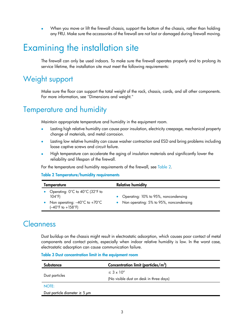 Examining the installation site, Weight support, Temperature and humidity | Cleanness | H3C Technologies H3C SecPath F5000-S Firewall User Manual | Page 12 / 86