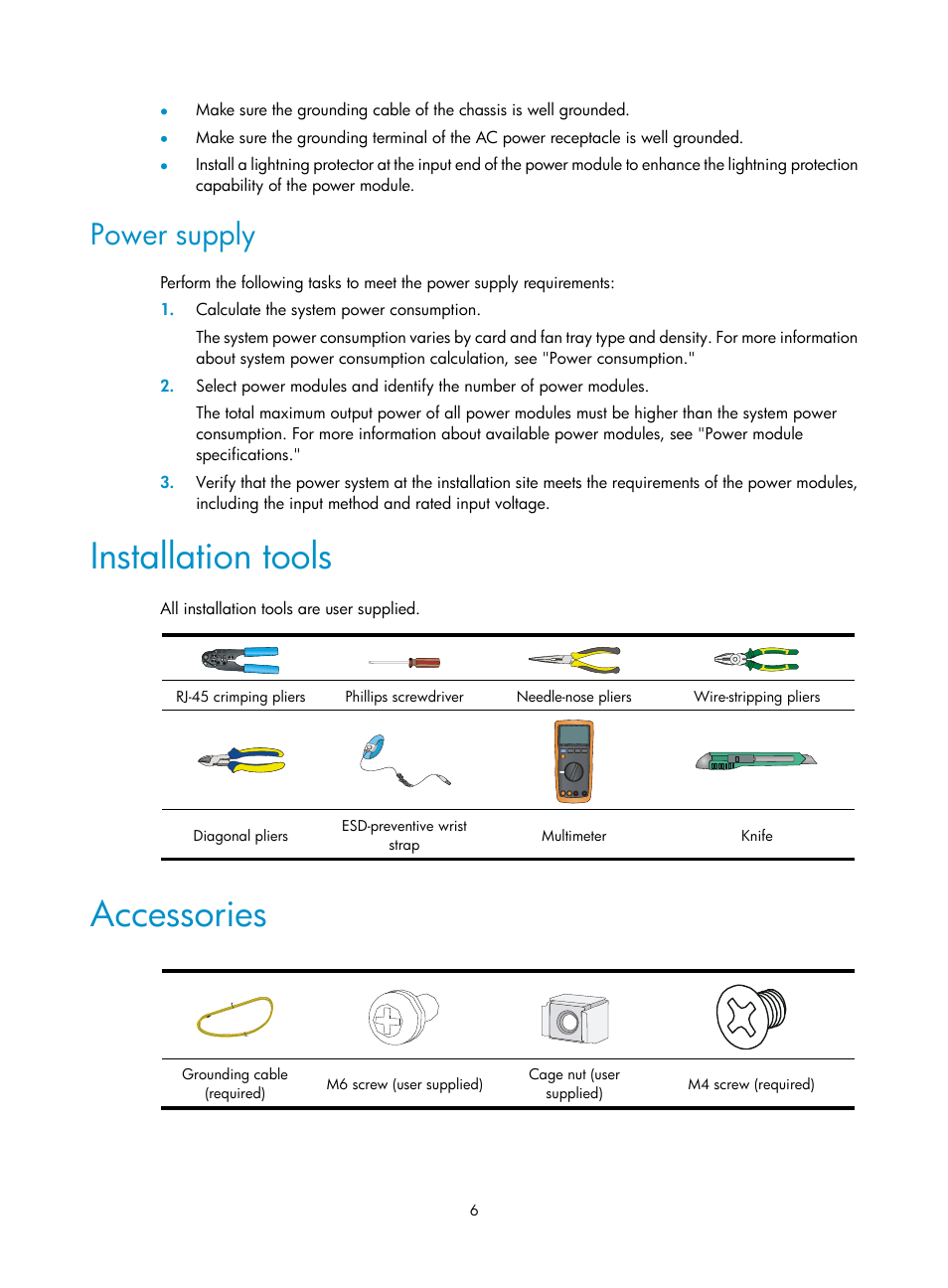 Power supply, Installation tools, Accessories | H3C Technologies H3C SecPath F5000-S Firewall User Manual | Page 15 / 86