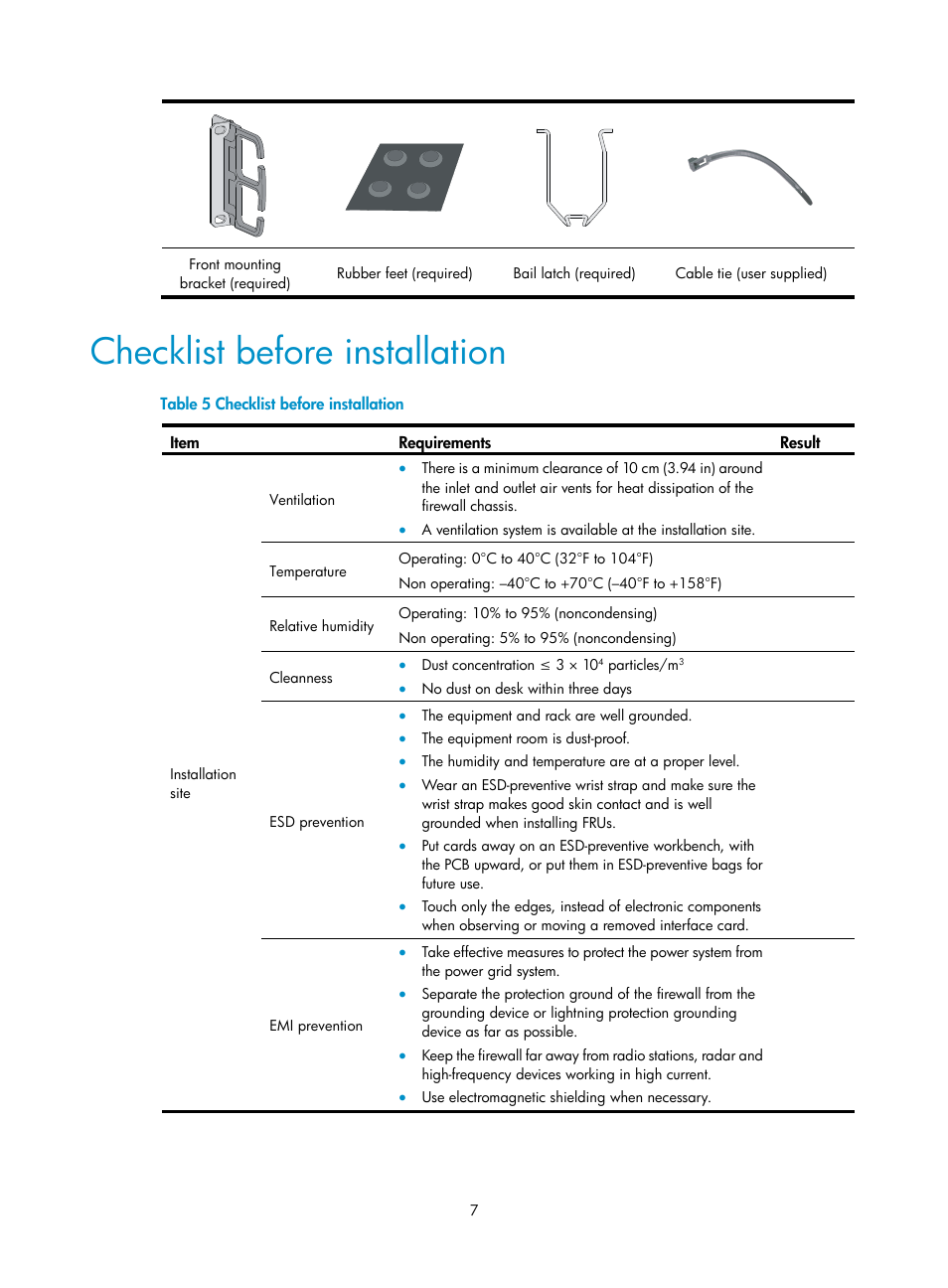 Checklist before installation | H3C Technologies H3C SecPath F5000-S Firewall User Manual | Page 16 / 86