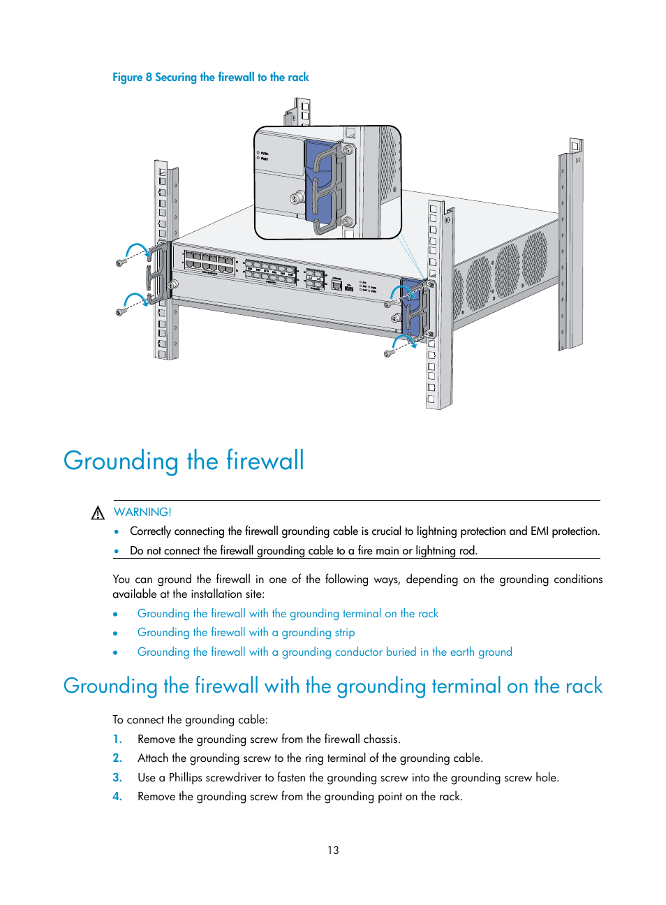 Grounding the firewall | H3C Technologies H3C SecPath F5000-S Firewall User Manual | Page 22 / 86