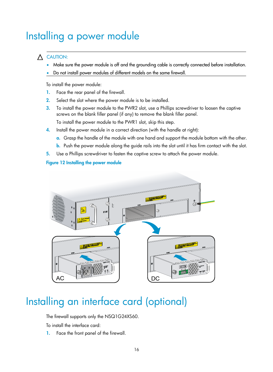 Installing a power module, Installing an interface card (optional) | H3C Technologies H3C SecPath F5000-S Firewall User Manual | Page 25 / 86