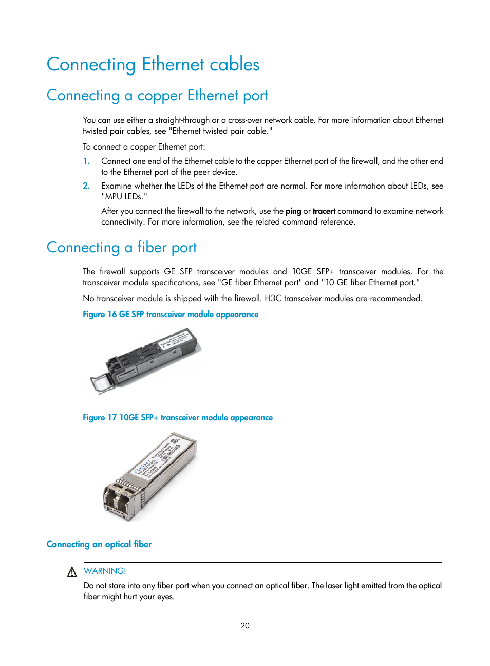 Connecting ethernet cables, Connecting a copper ethernet port, Connecting a fiber port | Connecting an optical fiber | H3C Technologies H3C SecPath F5000-S Firewall User Manual | Page 29 / 86