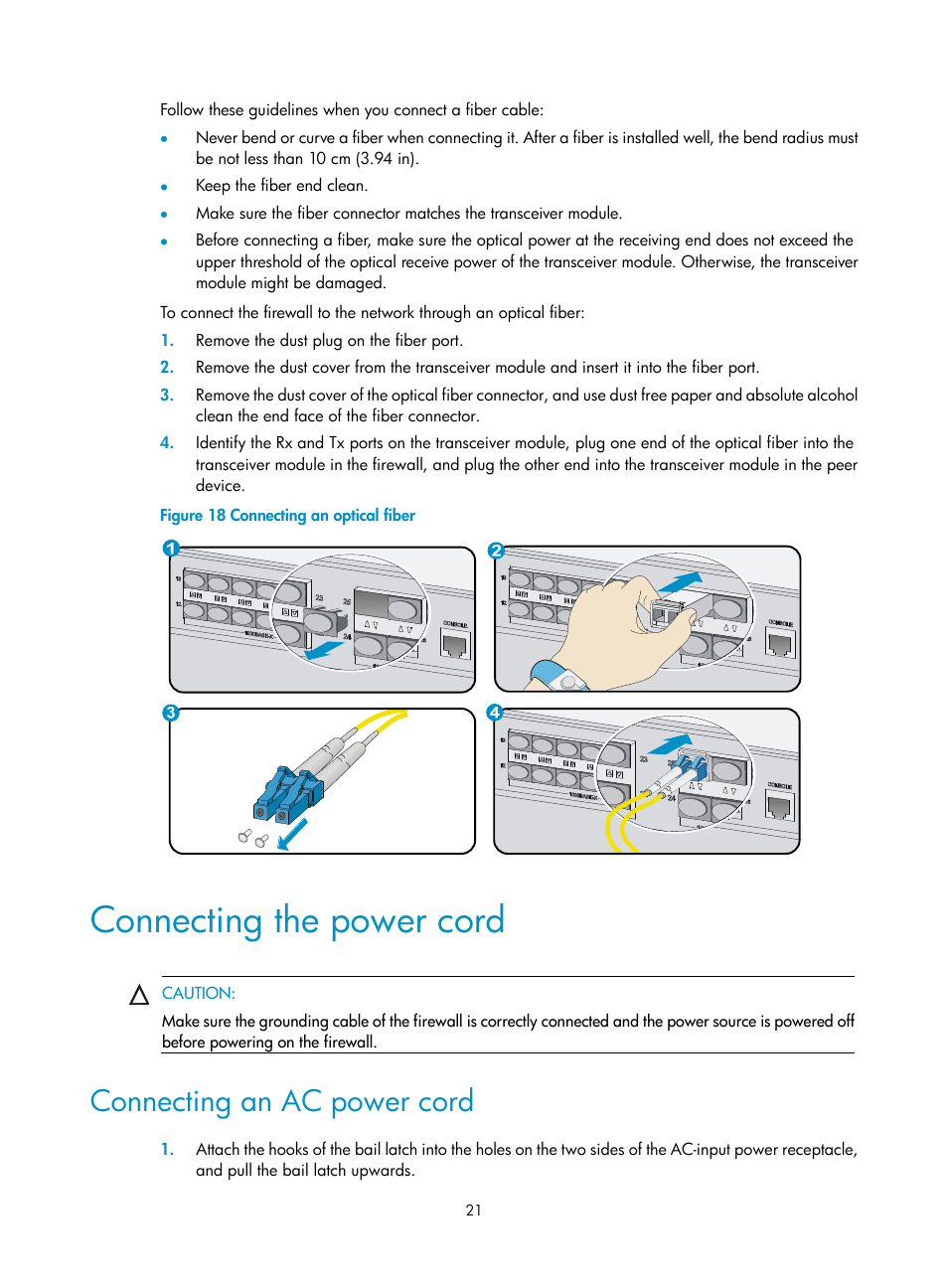 Connecting the power cord, Connecting an ac power cord | H3C Technologies H3C SecPath F5000-S Firewall User Manual | Page 30 / 86