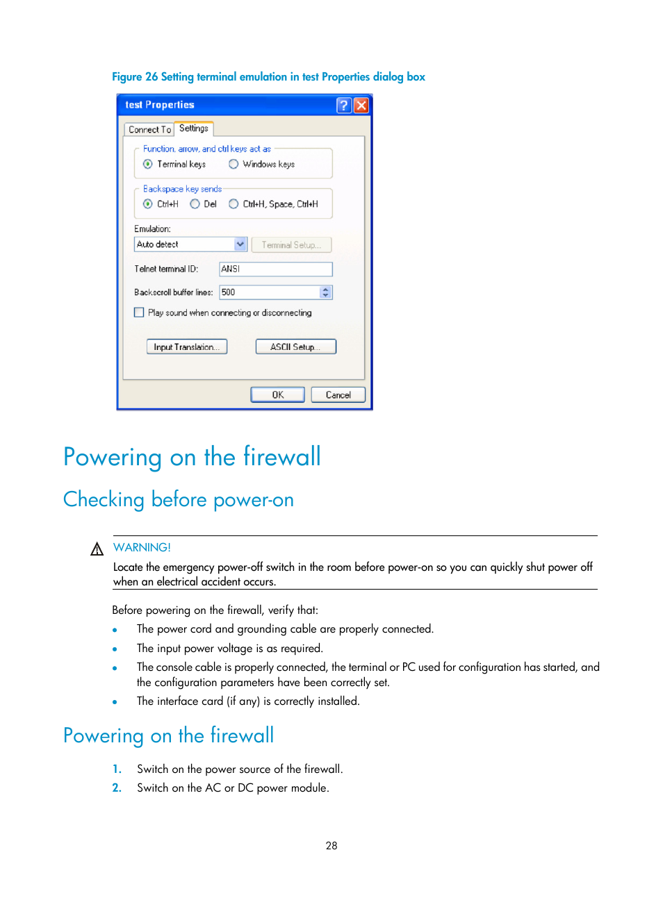 Powering on the firewall, Checking before power-on | H3C Technologies H3C SecPath F5000-S Firewall User Manual | Page 37 / 86