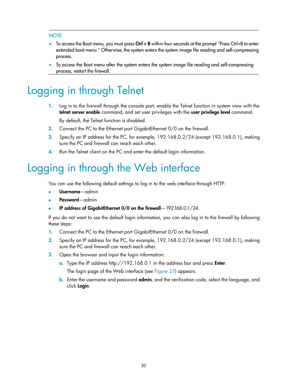 Logging in through telnet, Logging in through the web interface | H3C Technologies H3C SecPath F5000-S Firewall User Manual | Page 39 / 86