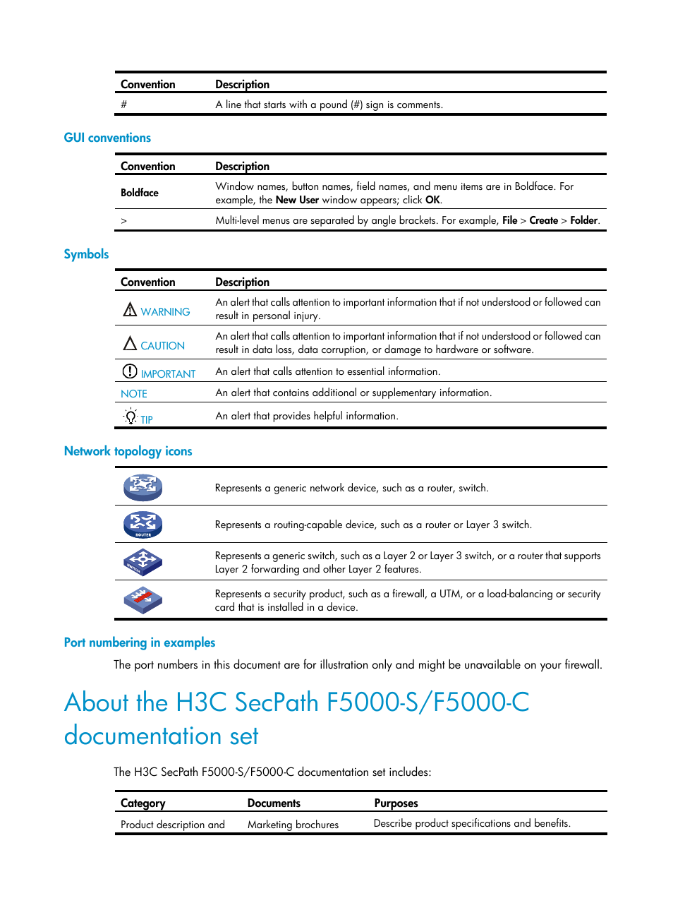 Gui conventions, Symbols, Network topology icons | Port numbering in examples | H3C Technologies H3C SecPath F5000-S Firewall User Manual | Page 4 / 86