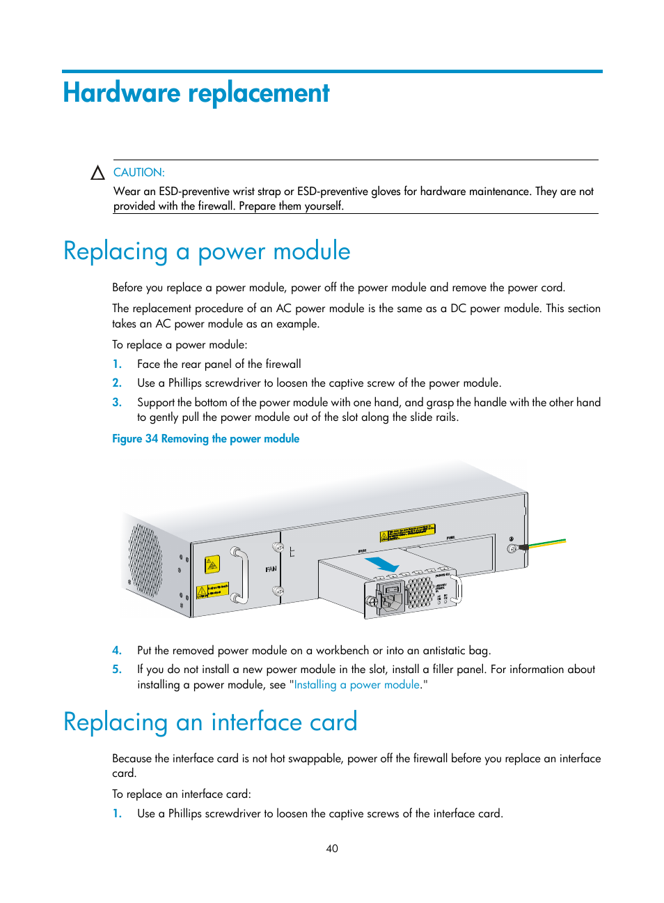 Hardware replacement, Replacing a power module, Replacing an interface card | H3C Technologies H3C SecPath F5000-S Firewall User Manual | Page 49 / 86