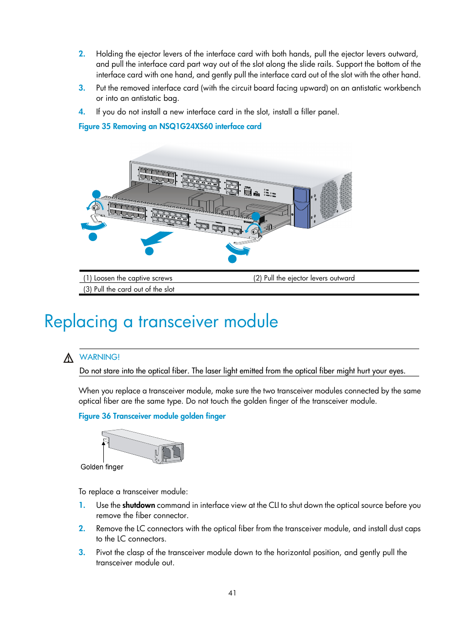 Replacing a transceiver module | H3C Technologies H3C SecPath F5000-S Firewall User Manual | Page 50 / 86