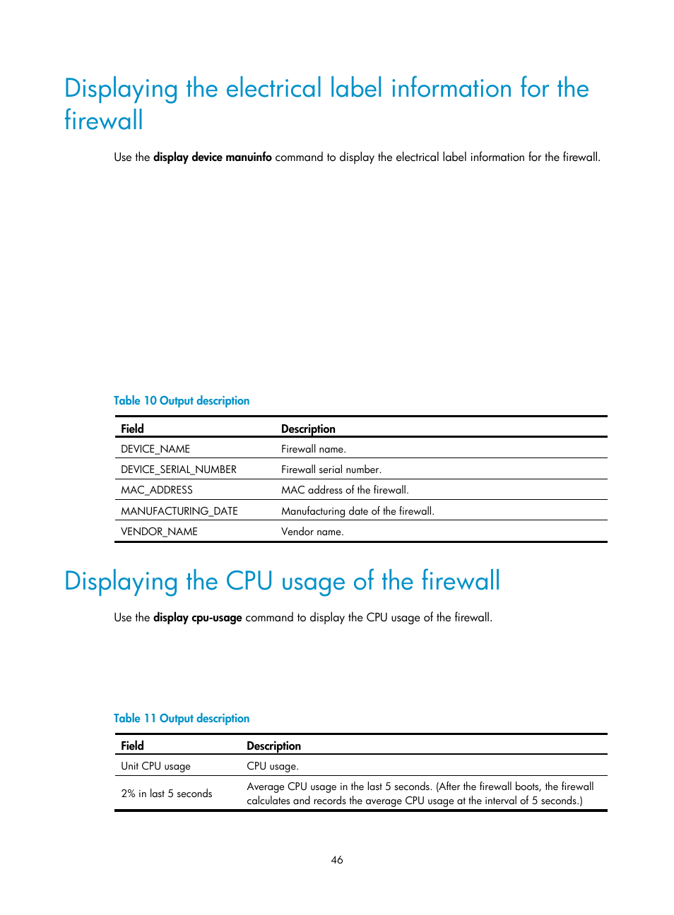 Displaying the cpu usage of the firewall | H3C Technologies H3C SecPath F5000-S Firewall User Manual | Page 55 / 86