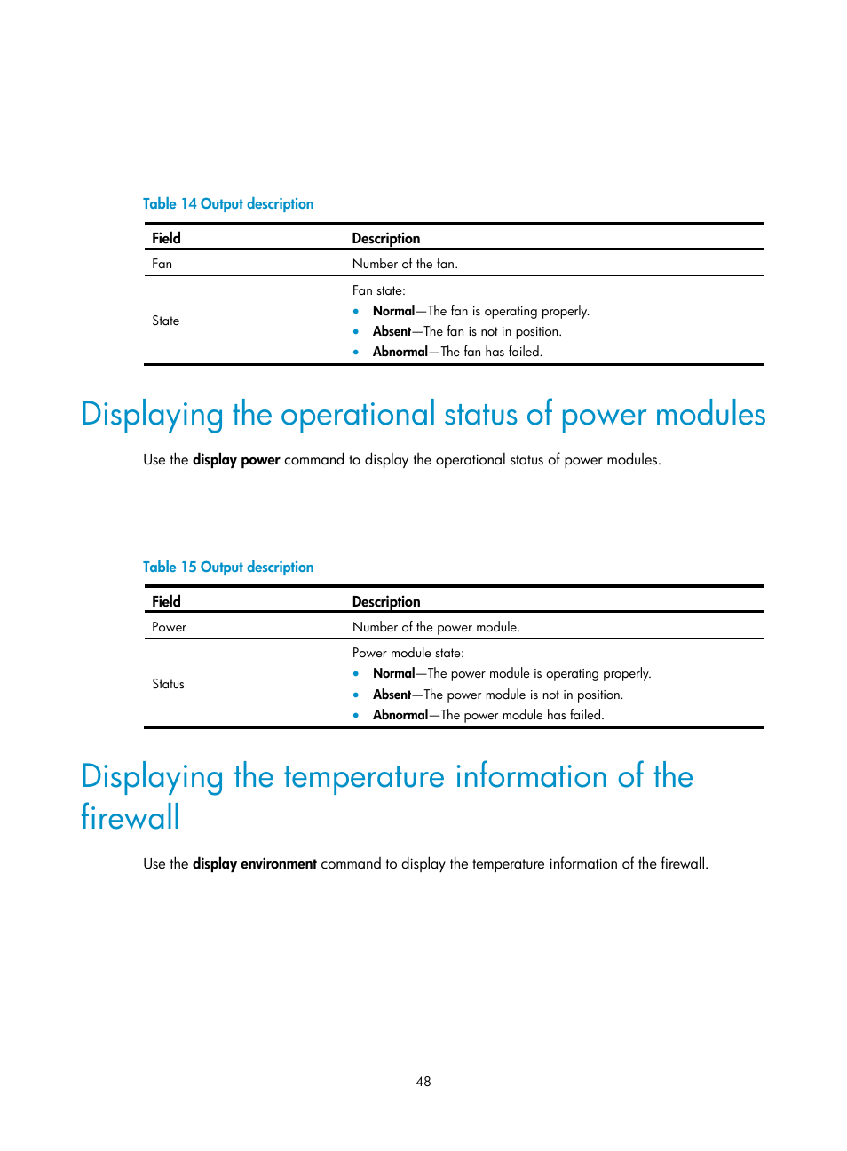 Displaying the operational status of power modules | H3C Technologies H3C SecPath F5000-S Firewall User Manual | Page 57 / 86