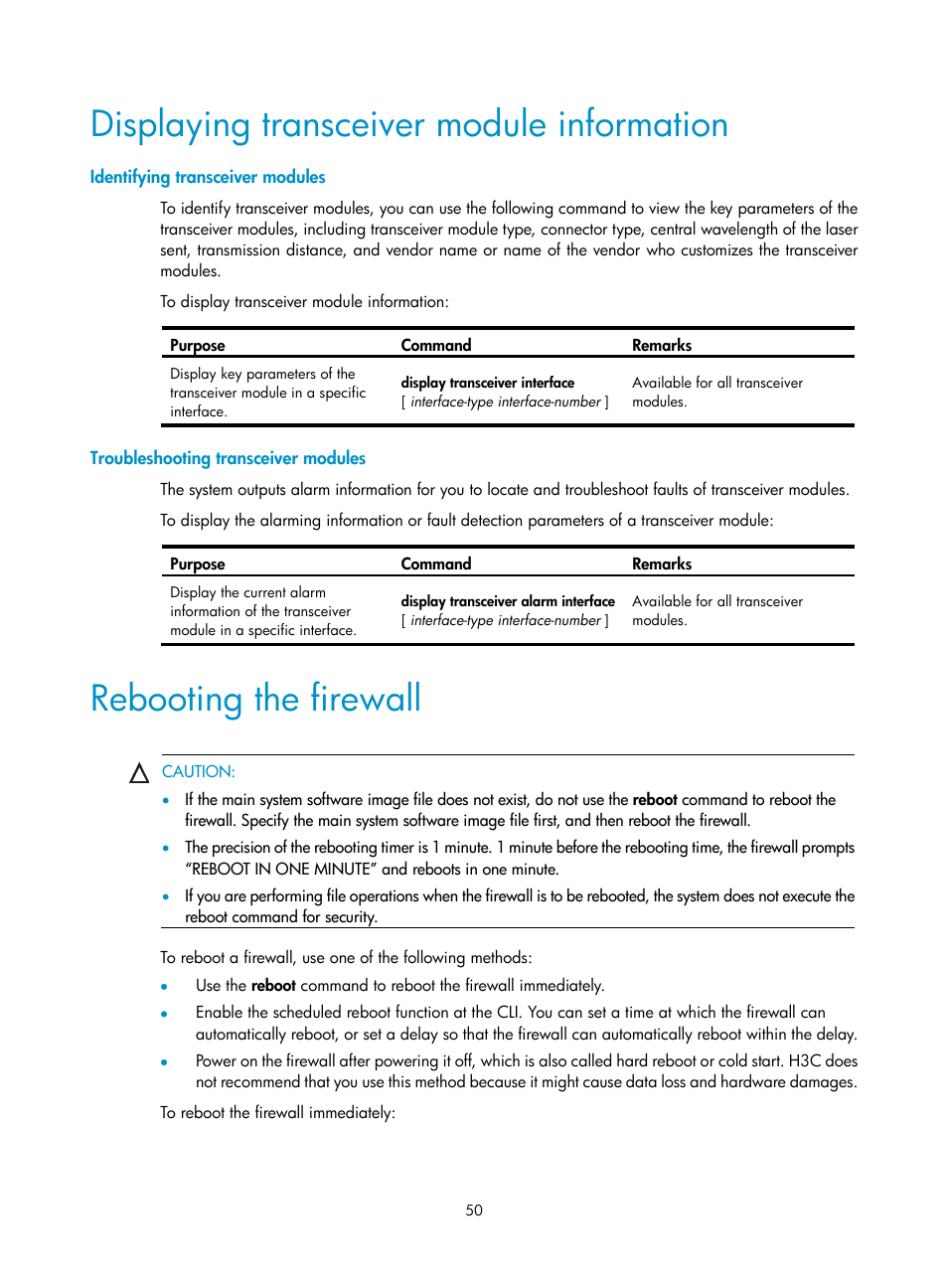 Displaying transceiver module information, Identifying transceiver modules, Troubleshooting transceiver modules | Rebooting the firewall | H3C Technologies H3C SecPath F5000-S Firewall User Manual | Page 59 / 86