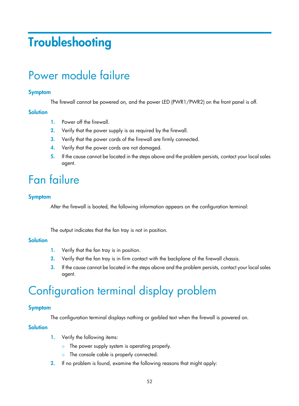 Troubleshooting, Power module failure, Symptom | Solution, Fan failure, Configuration terminal display problem | H3C Technologies H3C SecPath F5000-S Firewall User Manual | Page 61 / 86