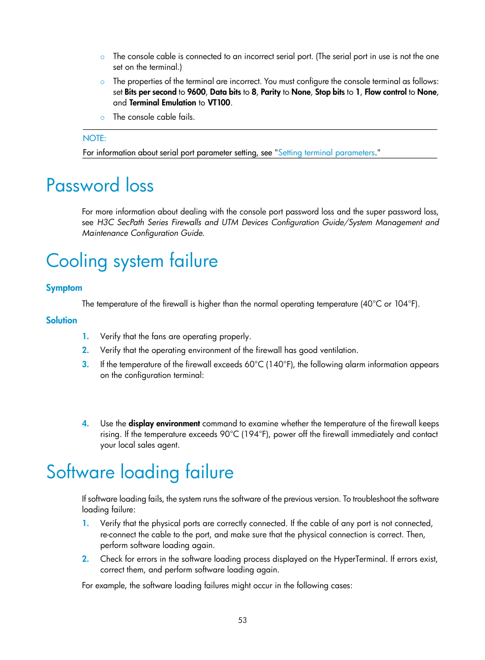 Password loss, Cooling system failure, Symptom | Solution, Software loading failure | H3C Technologies H3C SecPath F5000-S Firewall User Manual | Page 62 / 86