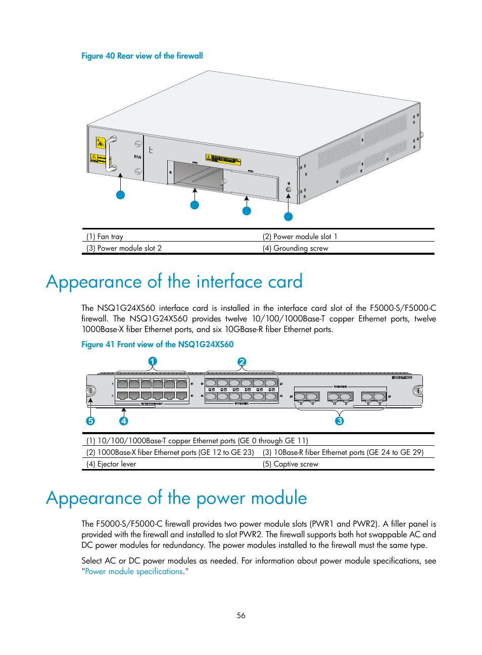 Appearance of the interface card, Appearance of the power module | H3C Technologies H3C SecPath F5000-S Firewall User Manual | Page 65 / 86