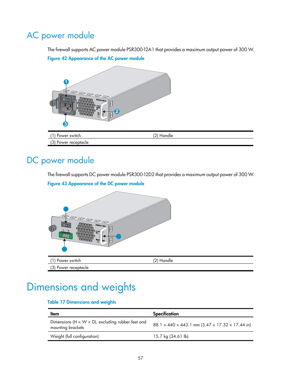 Ac power module, Dc power module, Dimensions and weights | H3C Technologies H3C SecPath F5000-S Firewall User Manual | Page 66 / 86