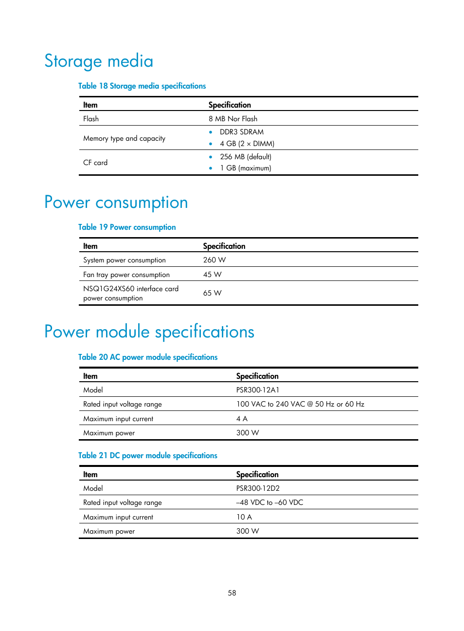 Storage media, Power consumption, Power module specifications | H3C Technologies H3C SecPath F5000-S Firewall User Manual | Page 67 / 86