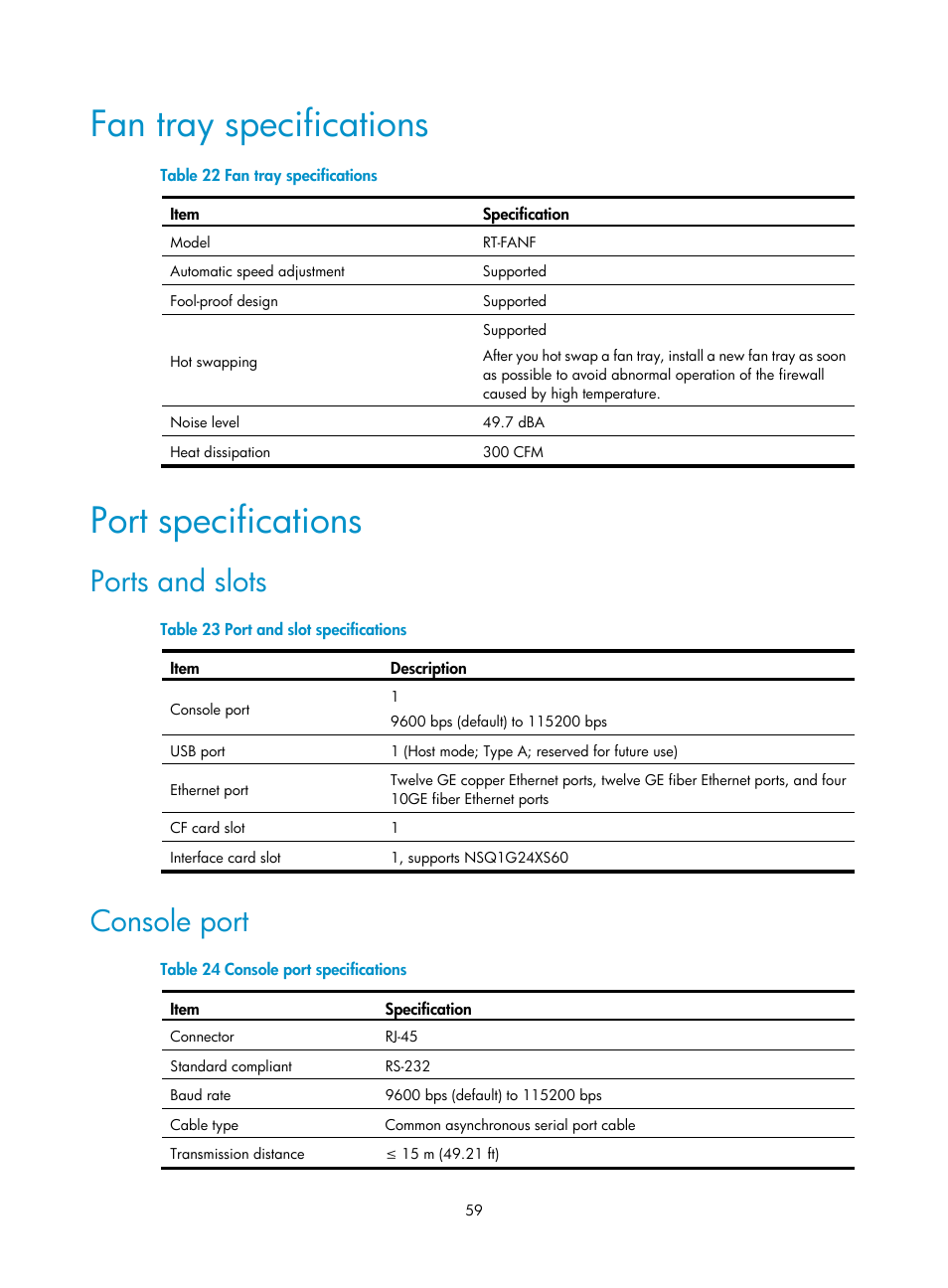 Fan tray specifications, Port specifications, Ports and slots | Console port | H3C Technologies H3C SecPath F5000-S Firewall User Manual | Page 68 / 86