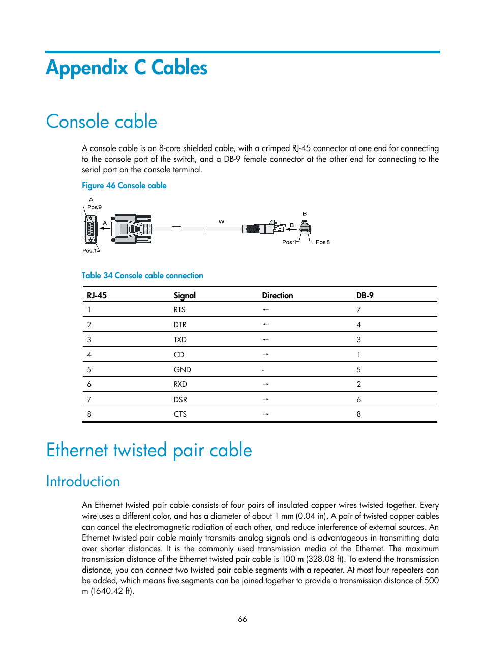 Appendix c cables, Console cable, Ethernet twisted pair cable | Introduction | H3C Technologies H3C SecPath F5000-S Firewall User Manual | Page 75 / 86