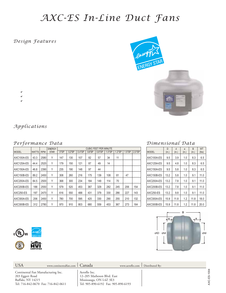 Axc-es in-line duct fans, Dimensional data performance data, Design features | Applications, Usa canada | CFM AXC200A-ES User Manual | Page 2 / 2