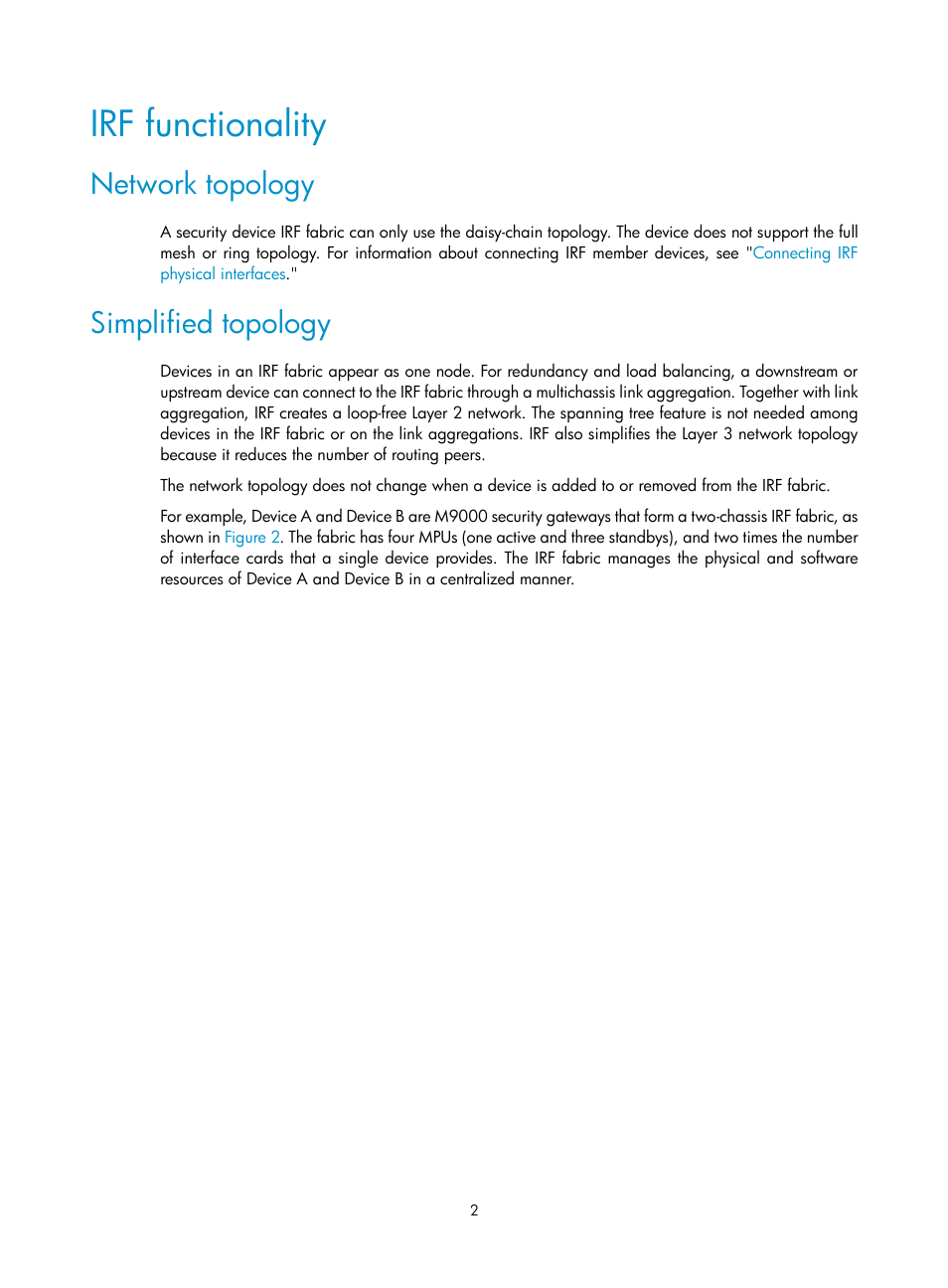 Irf functionality, Network topology, Simplified topology | H3C Technologies H3C SecPath F5020 User Manual | Page 11 / 82