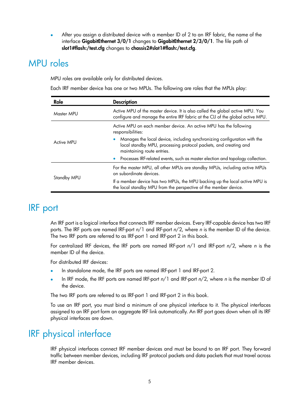 Mpu roles, Irf port, Irf physical interface | H3C Technologies H3C SecPath F5020 User Manual | Page 14 / 82