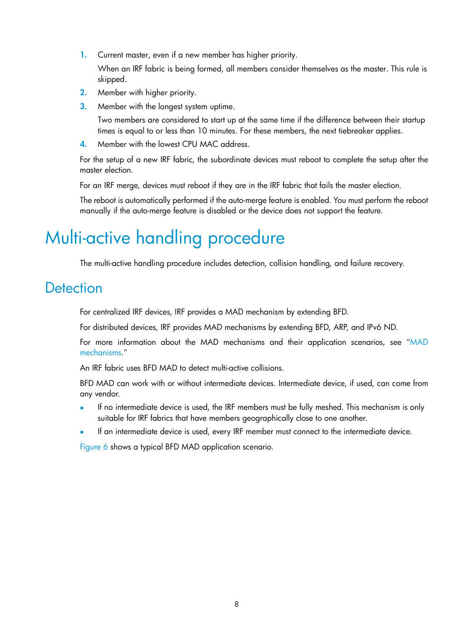 Multi-active handling procedure, Detection | H3C Technologies H3C SecPath F5020 User Manual | Page 17 / 82