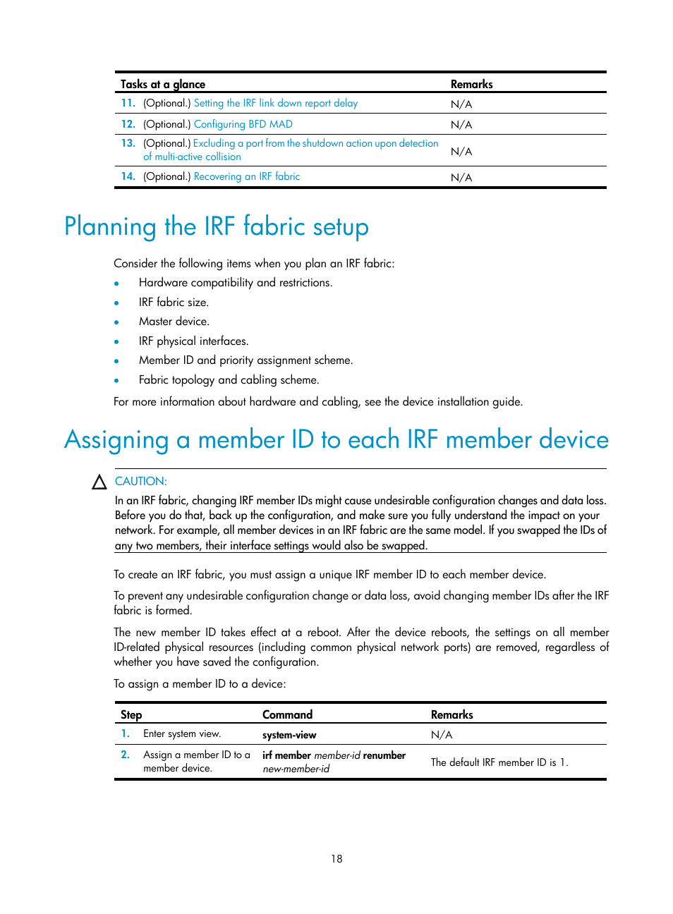 Planning the irf fabric setup, Assigning a member id to each irf member device | H3C Technologies H3C SecPath F5020 User Manual | Page 27 / 82