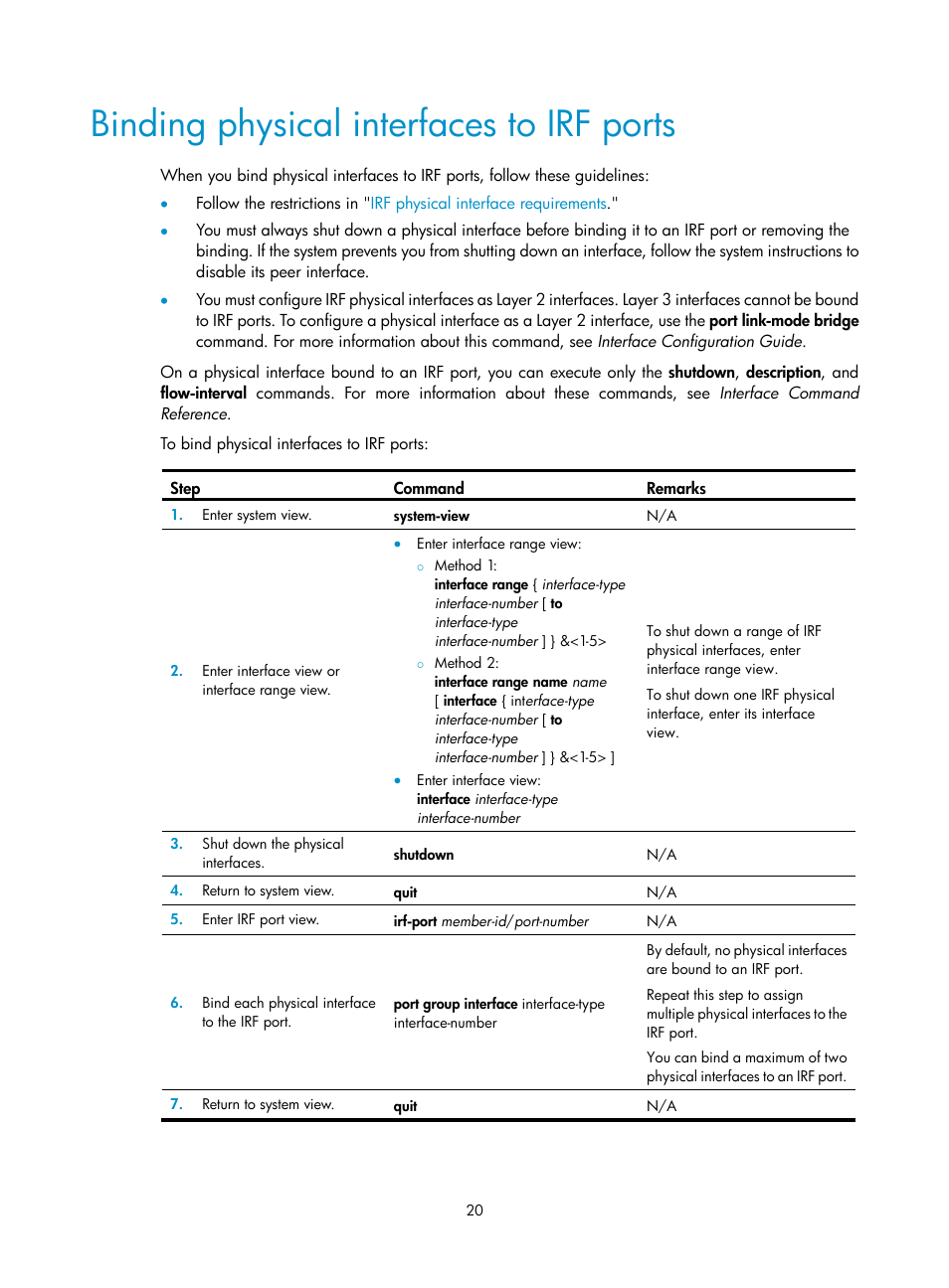 Binding physical interfaces to irf ports | H3C Technologies H3C SecPath F5020 User Manual | Page 29 / 82