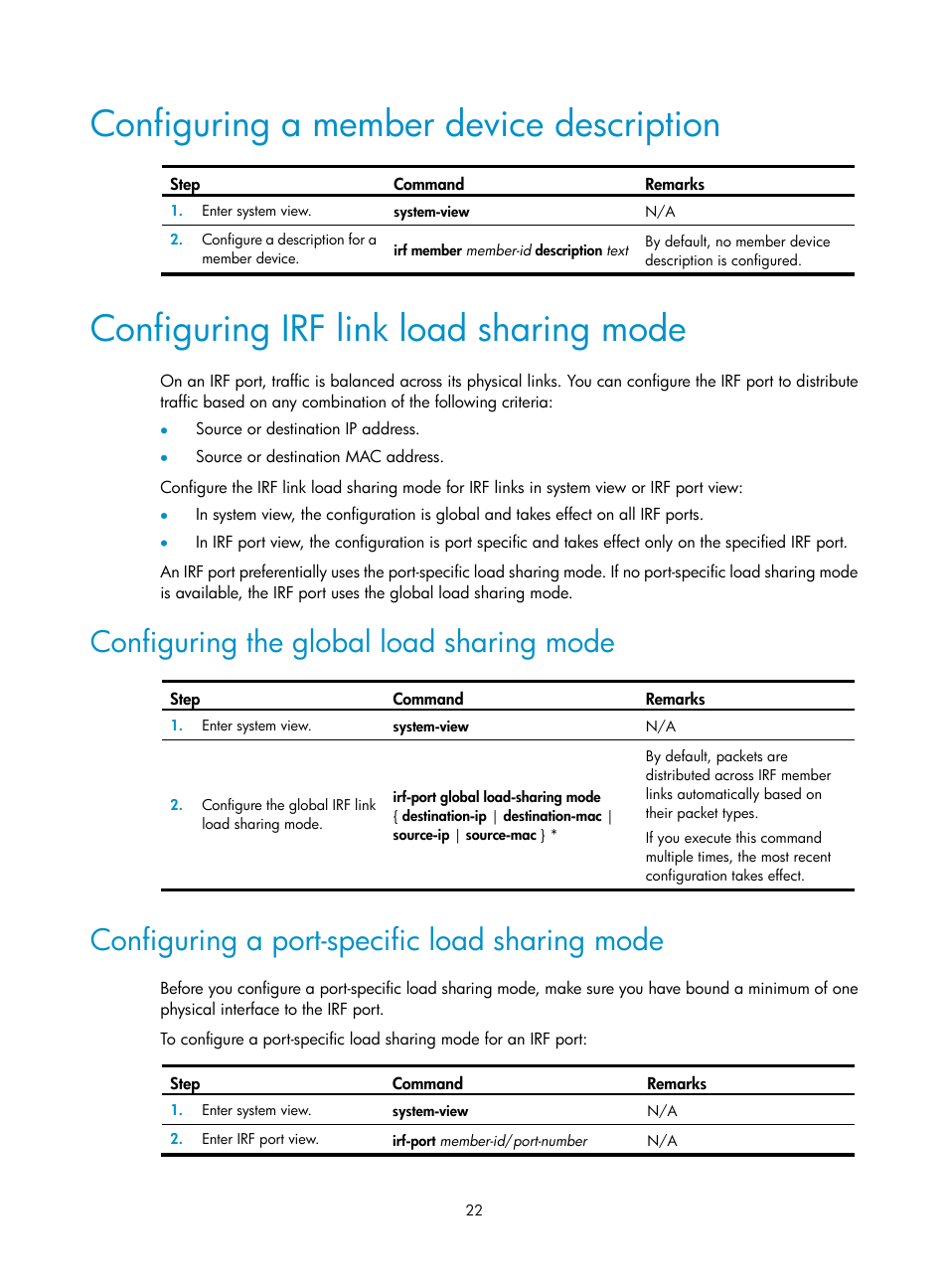 Configuring a member device description, Configuring irf link load sharing mode, Configuring the global load sharing mode | Configuring a port-specific load sharing mode | H3C Technologies H3C SecPath F5020 User Manual | Page 31 / 82