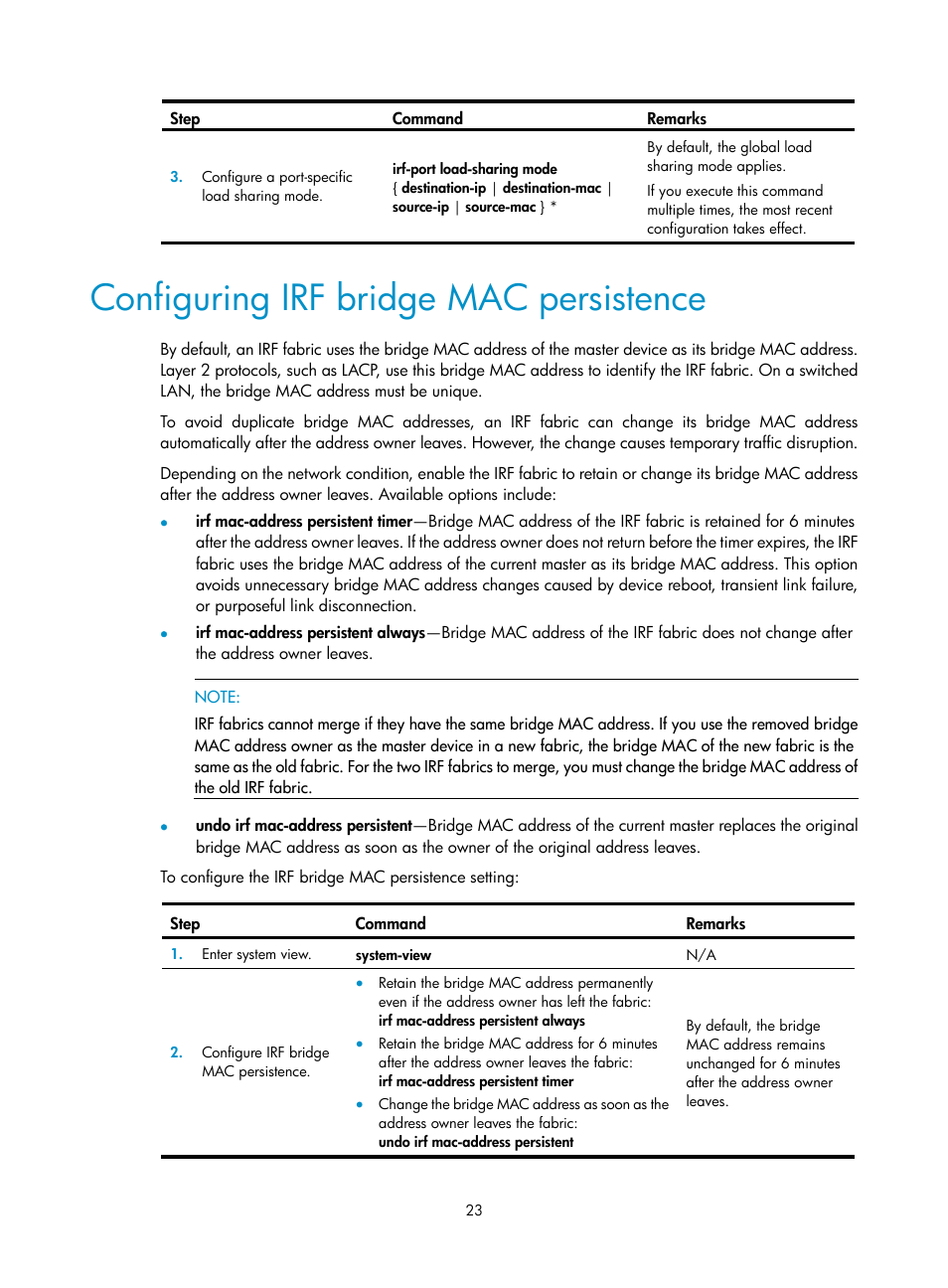 Configuring irf bridge mac persistence | H3C Technologies H3C SecPath F5020 User Manual | Page 32 / 82