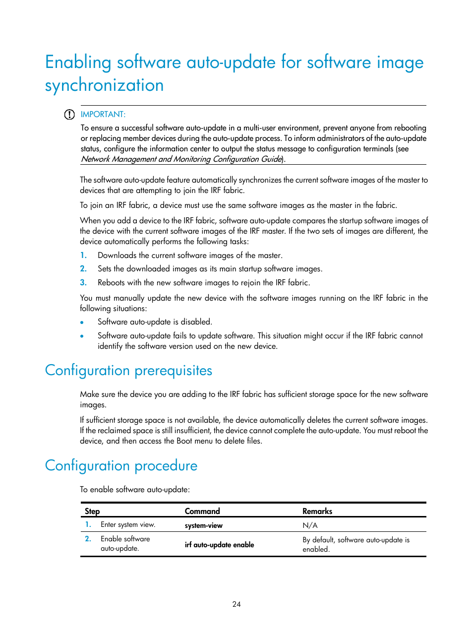 Configuration prerequisites, Configuration procedure, Enabling software auto-update for software image | Synchronization | H3C Technologies H3C SecPath F5020 User Manual | Page 33 / 82