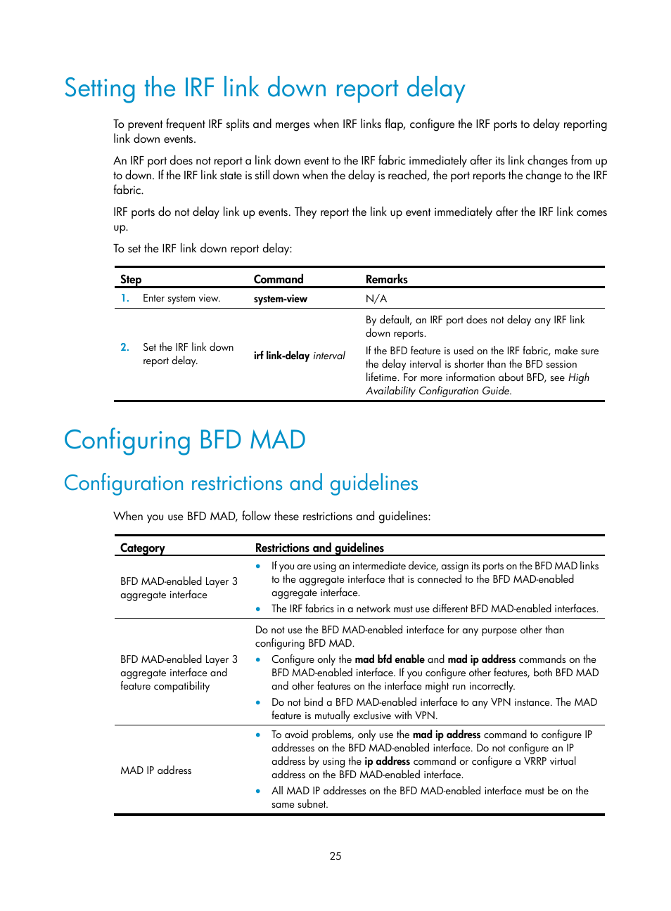 Setting the irf link down report delay, Configuring bfd mad, Configuration restrictions and guidelines | H3C Technologies H3C SecPath F5020 User Manual | Page 34 / 82
