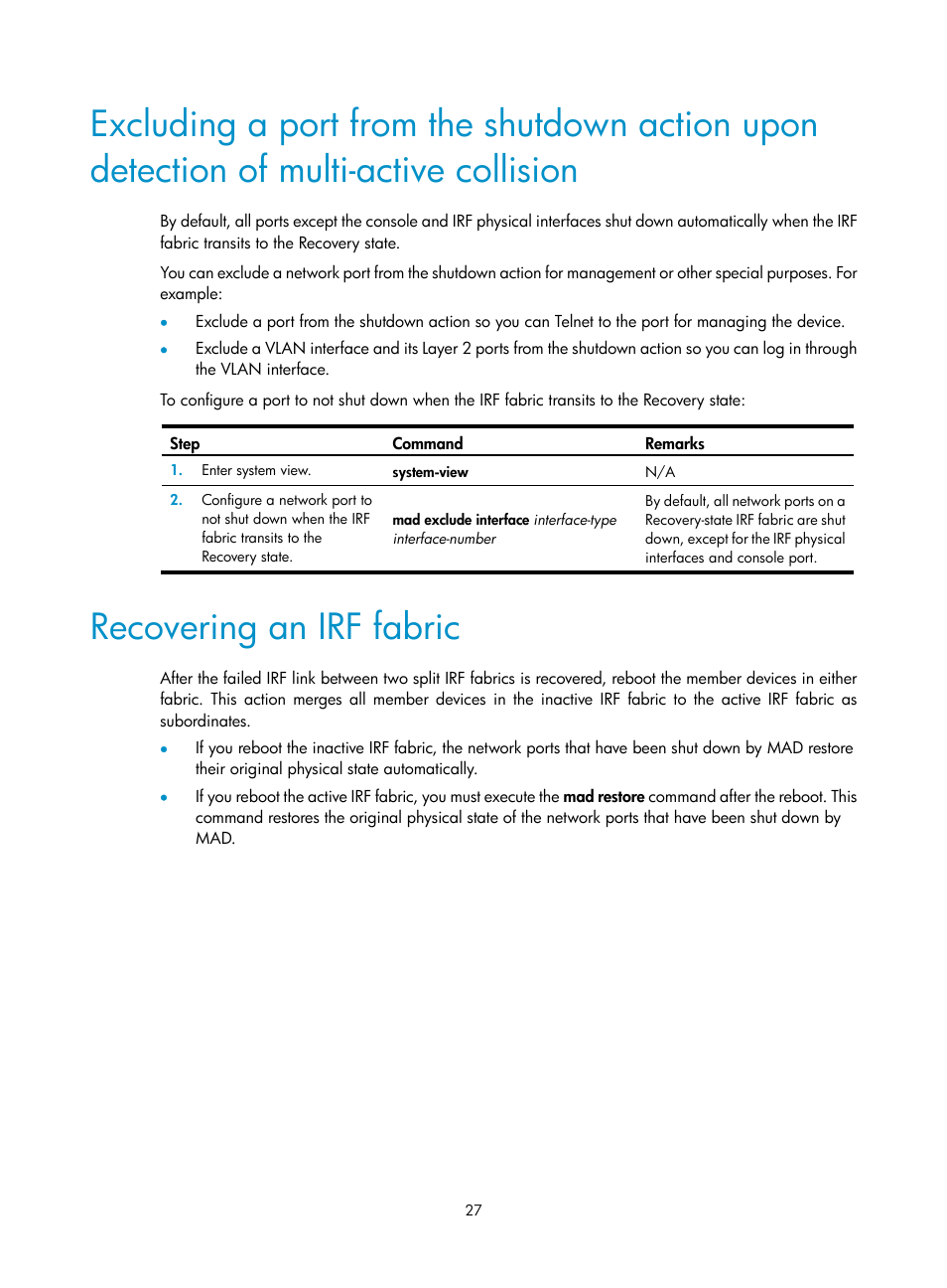 Recovering an irf fabric, Of multi-active collision | H3C Technologies H3C SecPath F5020 User Manual | Page 36 / 82