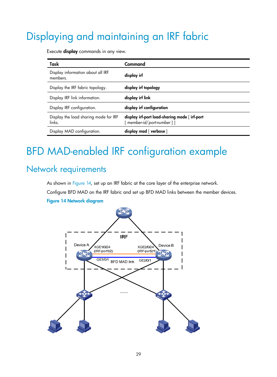 Displaying and maintaining an irf fabric, Bfd mad-enabled irf configuration example, Network requirements | H3C Technologies H3C SecPath F5020 User Manual | Page 38 / 82
