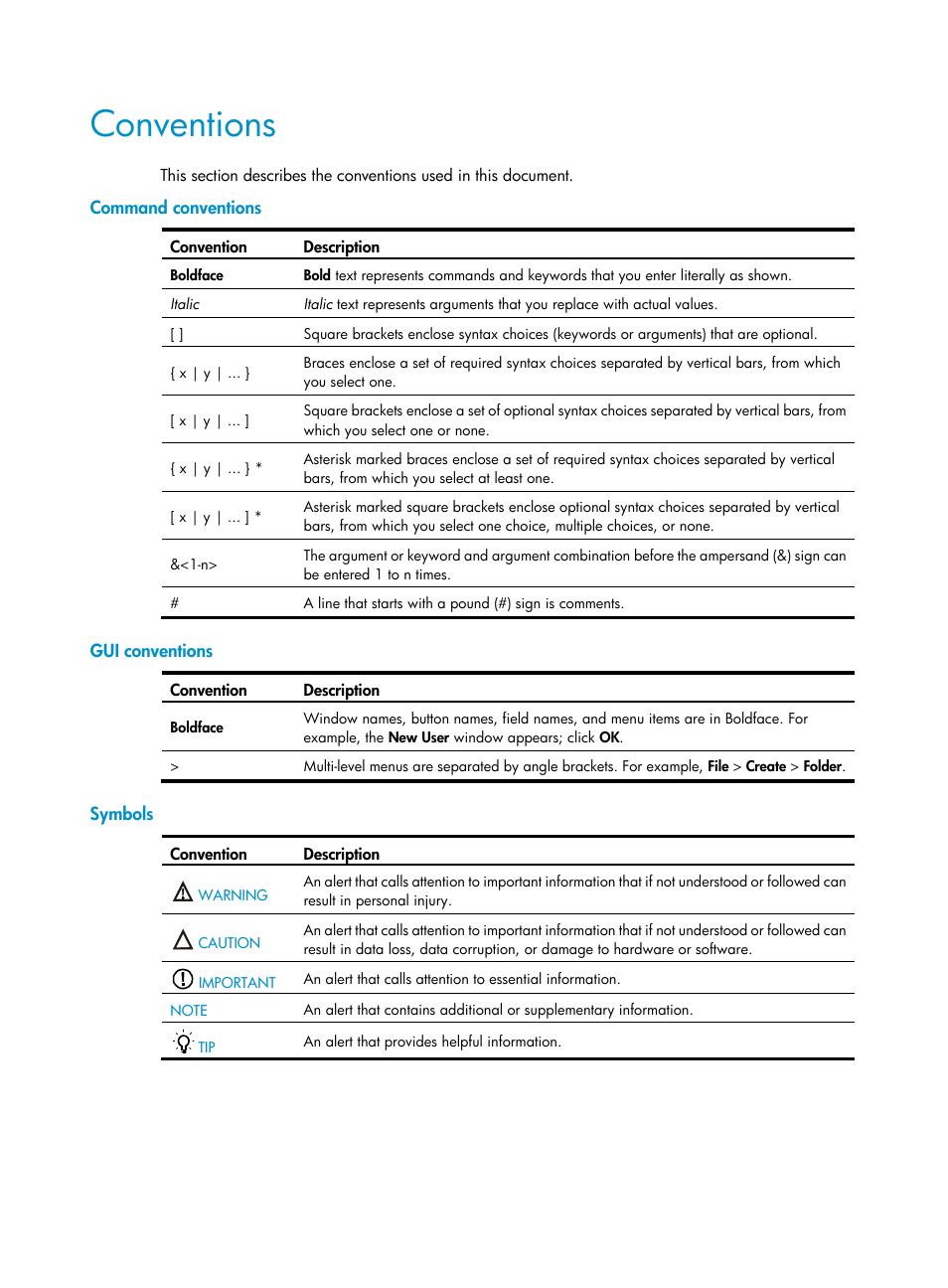 Conventions, Command conventions, Gui conventions | Symbols | H3C Technologies H3C SecPath F5020 User Manual | Page 4 / 82