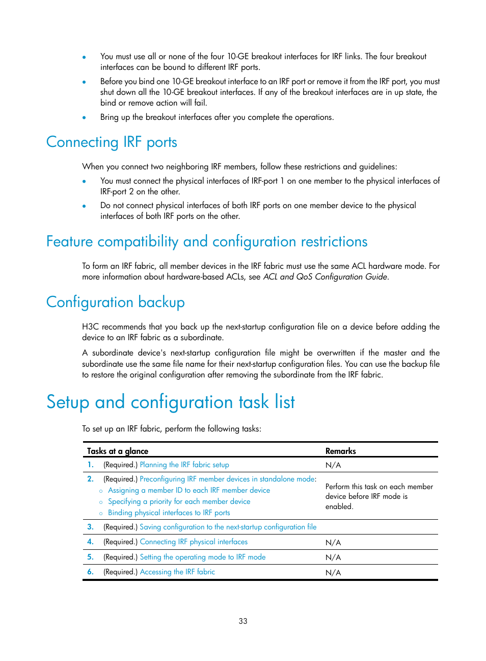 Connecting irf ports, Configuration backup, Setup and configuration task list | H3C Technologies H3C SecPath F5020 User Manual | Page 42 / 82