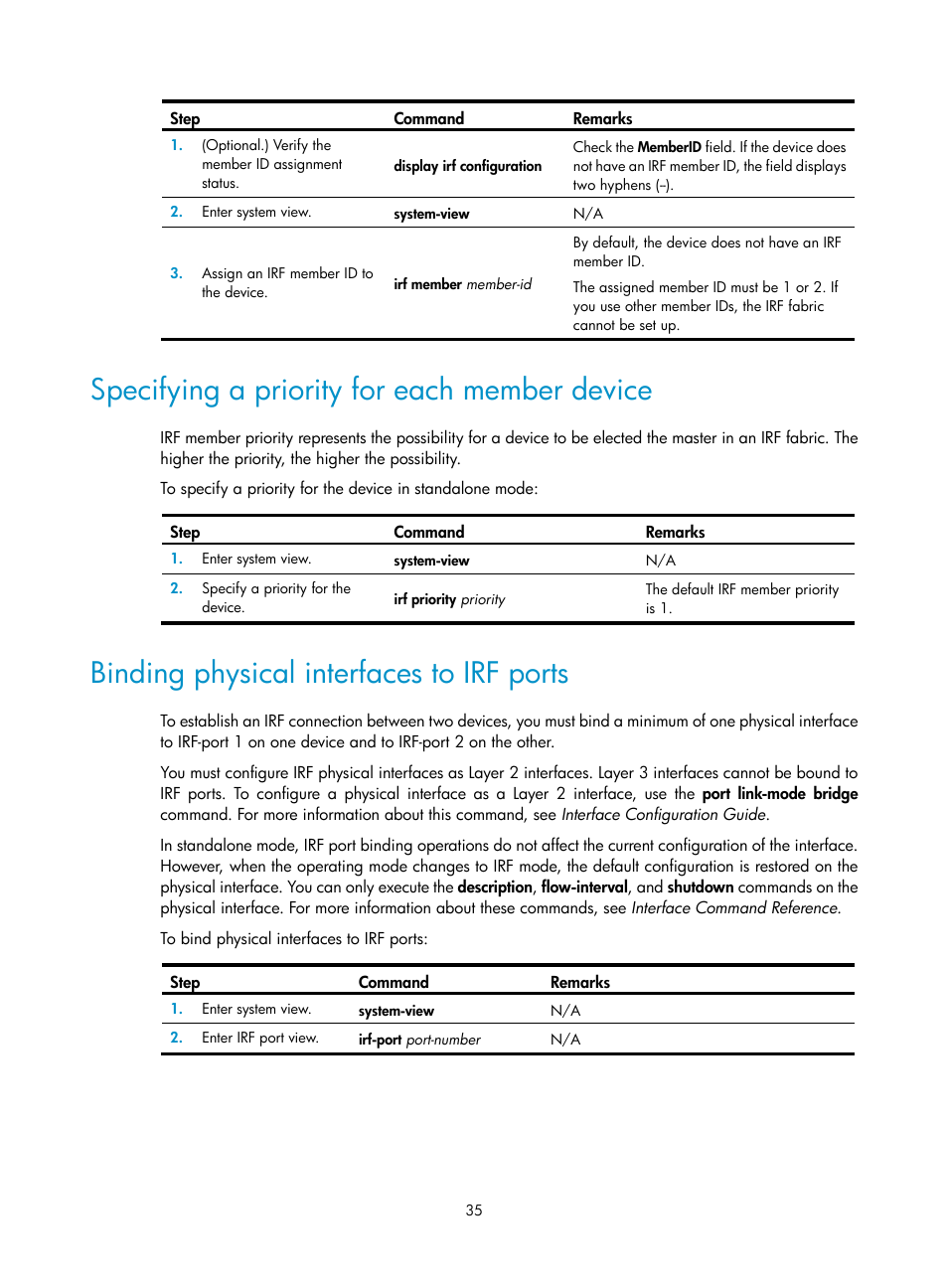 Specifying a priority for each member device, Binding physical interfaces to irf ports | H3C Technologies H3C SecPath F5020 User Manual | Page 44 / 82