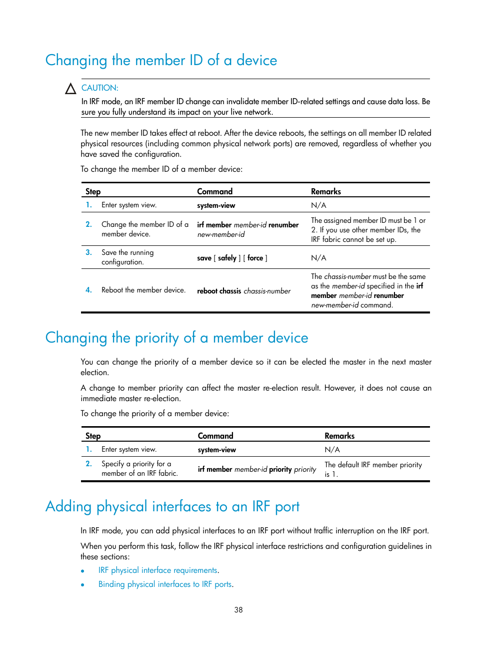 Changing the member id of a device, Changing the priority of a member device, Adding physical interfaces to an irf port | H3C Technologies H3C SecPath F5020 User Manual | Page 47 / 82