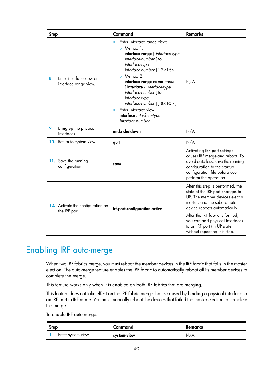 Enabling irf auto-merge | H3C Technologies H3C SecPath F5020 User Manual | Page 49 / 82