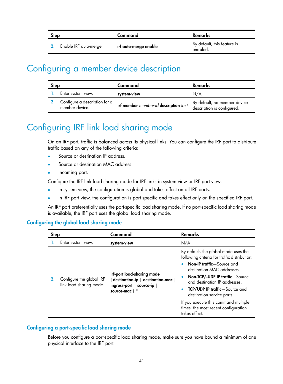 Configuring a member device description, Configuring irf link load sharing mode, Configuring the global load sharing mode | Configuring a port-specific load sharing mode | H3C Technologies H3C SecPath F5020 User Manual | Page 50 / 82
